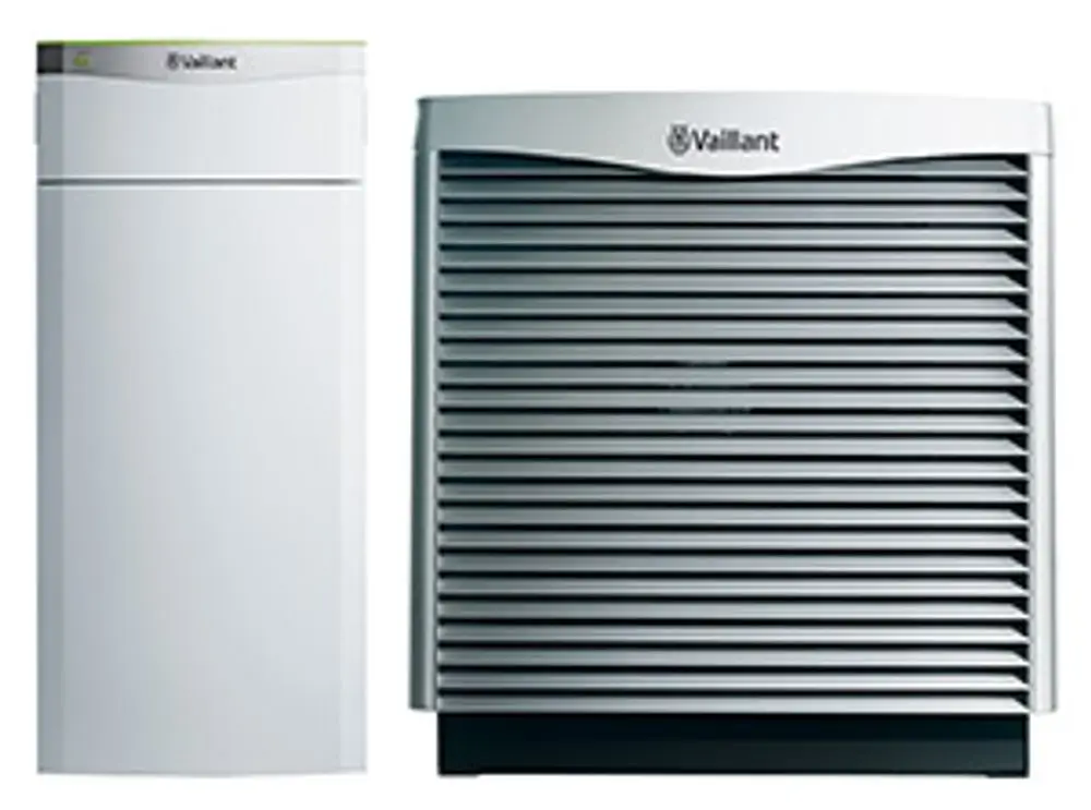 Vaillant Wärmepumpenpaket mit einem vertikalen weißen Kessel und einem kompakten Außengerät mit horizontalen Lamellen für die Wärmeversorgung.